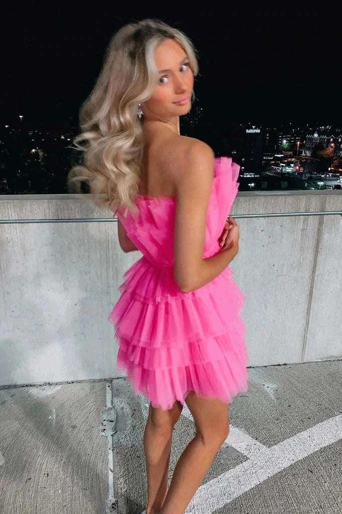 Strapless Tiered Tulle Pink Homecoming Dress Sweet 16 Dress - Image 3