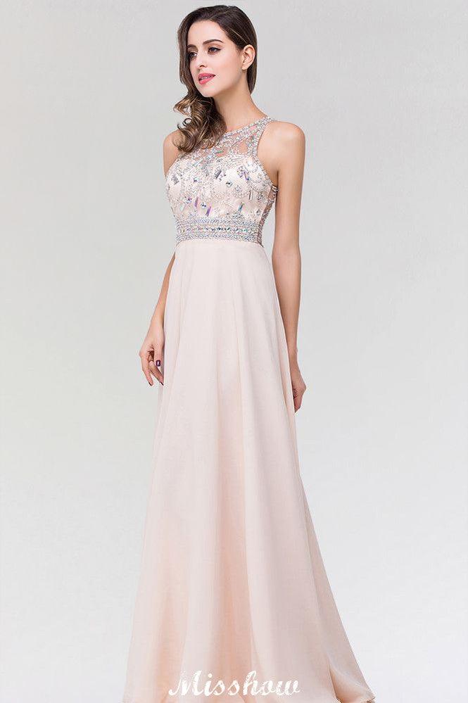 Stylish A-Line Chiffon Tulle Scoop Sleeveless Floor-Length Bridesmaid Dress with Beadings - Image 4