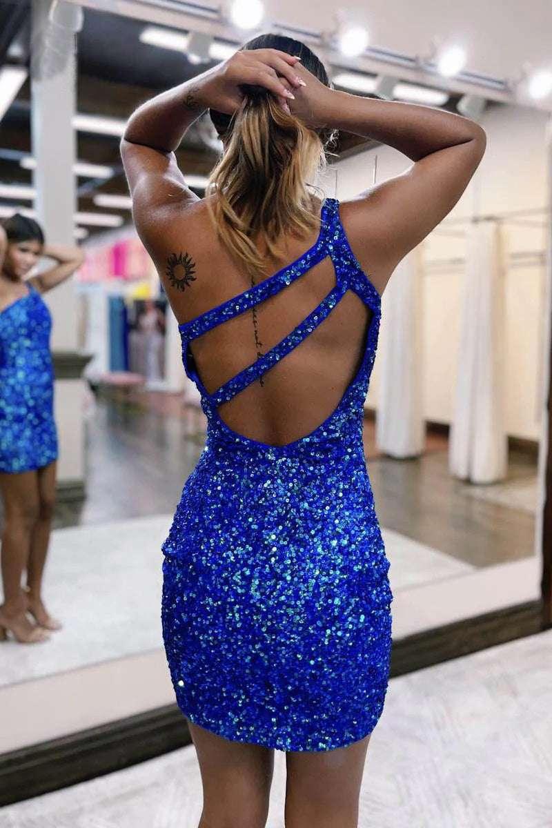 Stylish One Shoulder Sparkly Sleeveless Mini Cocktail Homecoming Dress - Image 4
