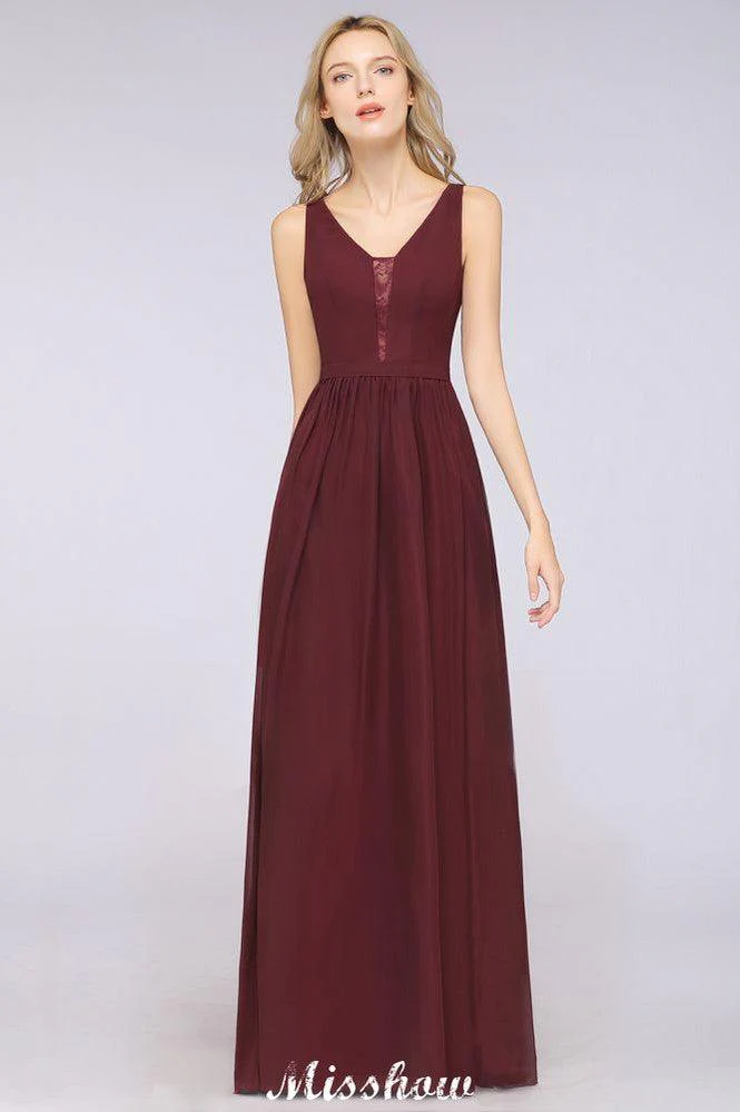 Stylish V-Neck aline Evening Maxi Gown Chiffon Sleeveless Bridesmaid Dress Burgundy - Image 3