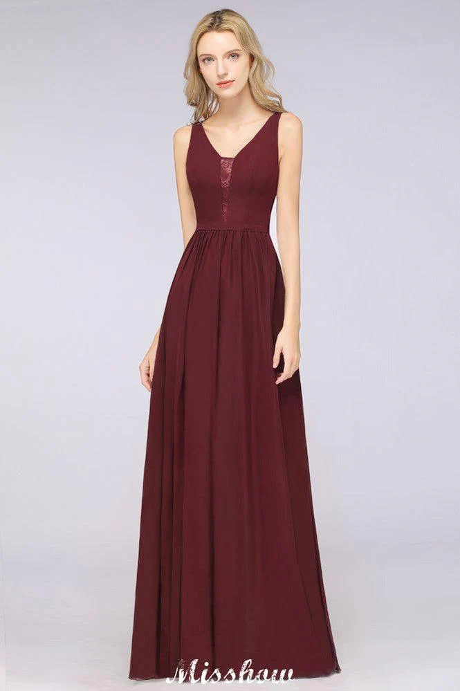 Stylish V-Neck aline Evening Maxi Gown Chiffon Sleeveless Bridesmaid Dress Burgundy - Image 4