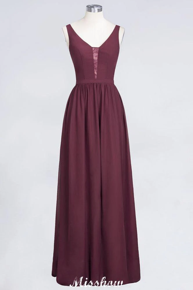 Stylish V-Neck aline Evening Maxi Gown Chiffon Sleeveless Bridesmaid Dress Burgundy - Image 9