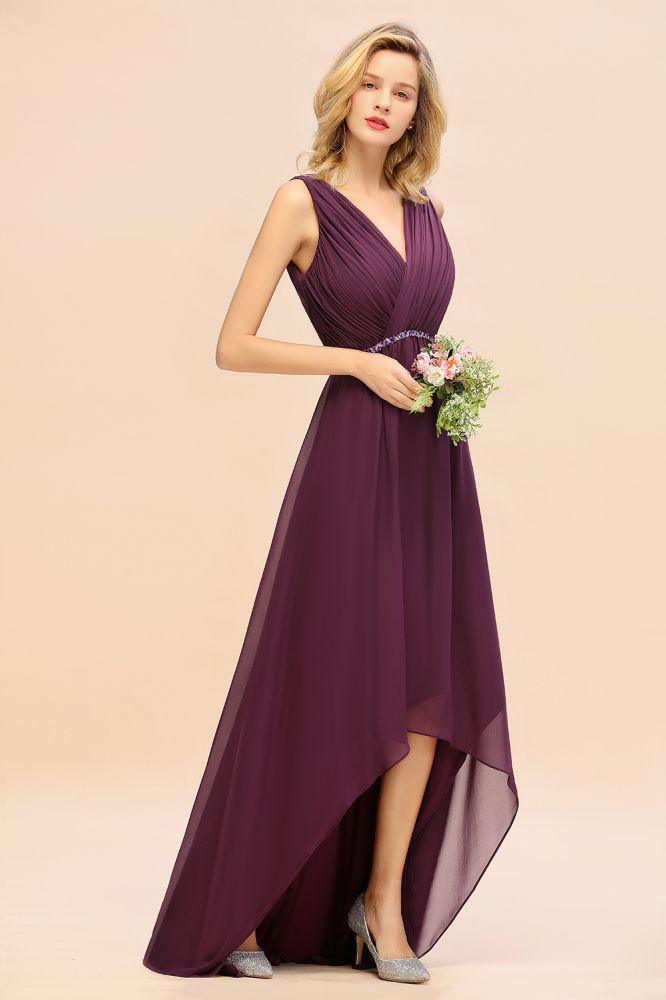 Stylish V-Neck Hi-Lo Party Dress A-line Beads Chiffon Bridesmaid Dress - Image 3