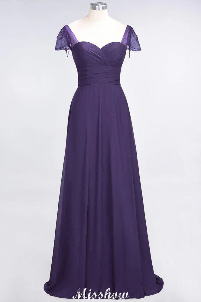 Sweetheart Cap-Sleeves Ruffle Floor-Length Bridesmaid Dress with Beadings Moher if the Bride Dresses - Image 25