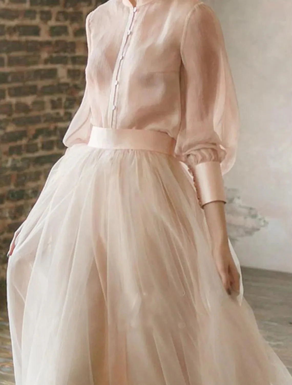 Numbersea Two Piece Empire Minimalist Wedding Guest Formal Evening Birthday Dress Stand Collar Long Sleeve Floor Length Chiffon with Tier - Image 4