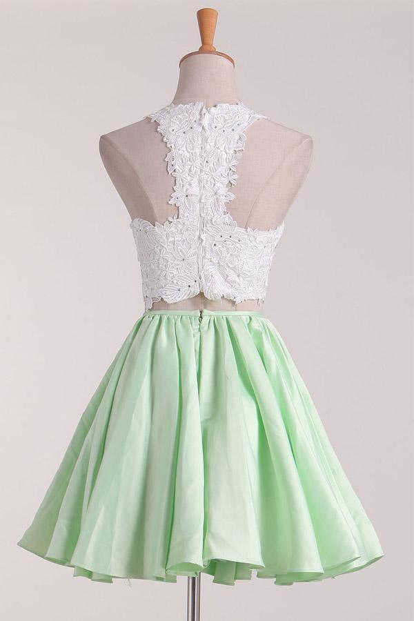 Two-Piece Scoop Homecoming Dresses A Line Satin With Applique PD411 - Image 2
