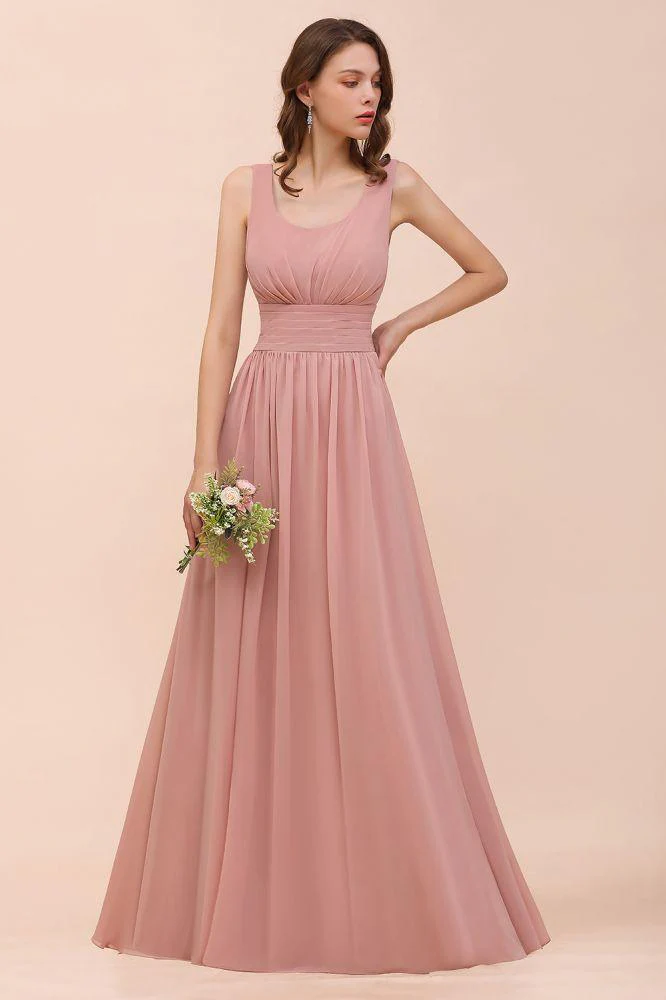 U-Neck High Waist Bridesmaid Dress Long Chiffon Formal Party Dress - Image 6