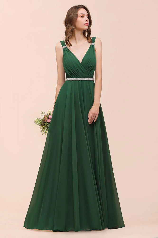 V-Neck A-line Dark Green Bridesmaid Dress Rhinestone Waist Belt - Image 7