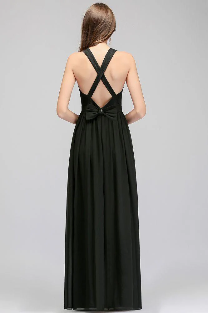 V-neck Floor Length Sleeveless Lace Top Black Bridesmaid Dress - Image 2