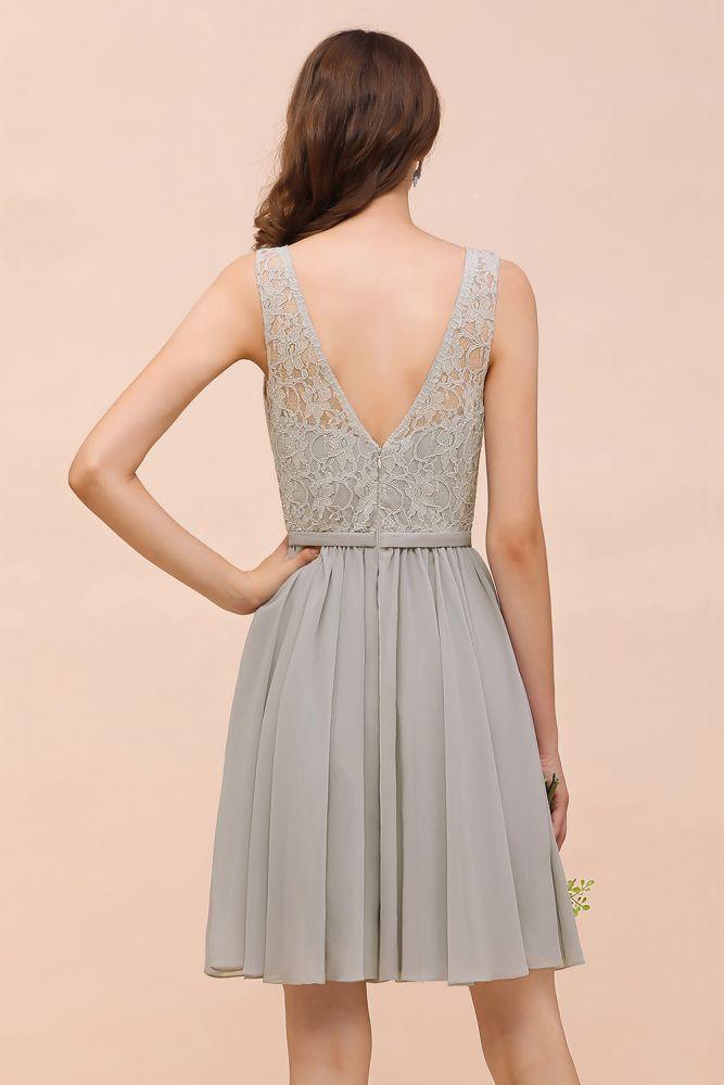 V-Neck Floral Lace Mini Homecoking Dress Grey Simple Chiffon Bridesmaid Dress Party Dress - Image 2