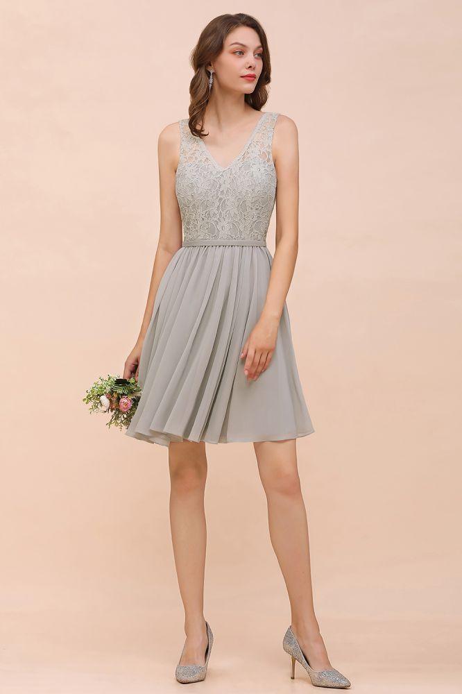 V-Neck Floral Lace Mini Homecoking Dress Grey Simple Chiffon Bridesmaid Dress Party Dress - Image 3