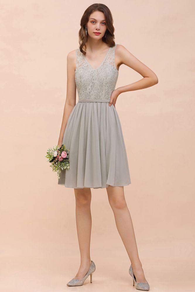 V-Neck Floral Lace Mini Homecoking Dress Grey Simple Chiffon Bridesmaid Dress Party Dress - Image 5