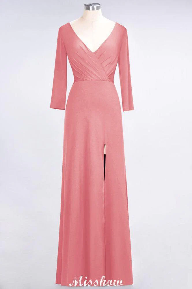 V-Neck Long-Sleeves Side-Slit Floor-Length Bridesmaid Dress with Ruffles - Image 14