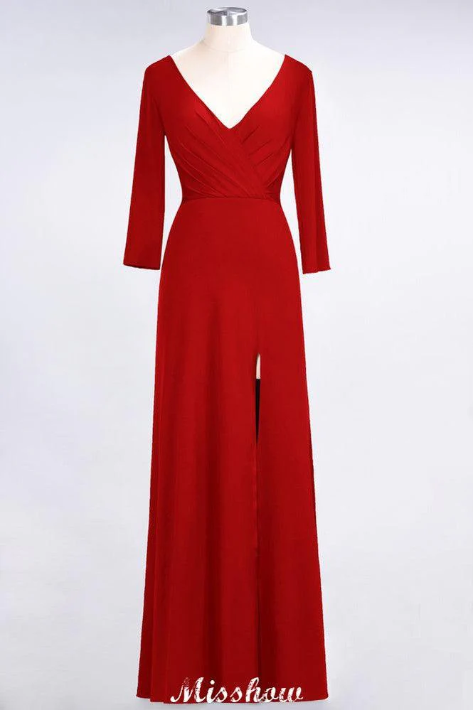 V-Neck Long-Sleeves Side-Slit Floor-Length Bridesmaid Dress with Ruffles - Image 15