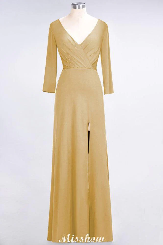 V-Neck Long-Sleeves Side-Slit Floor-Length Bridesmaid Dress with Ruffles - Image 20