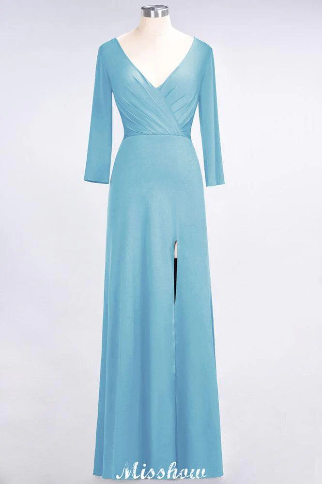 V-Neck Long-Sleeves Side-Slit Floor-Length Bridesmaid Dress with Ruffles - Image 29