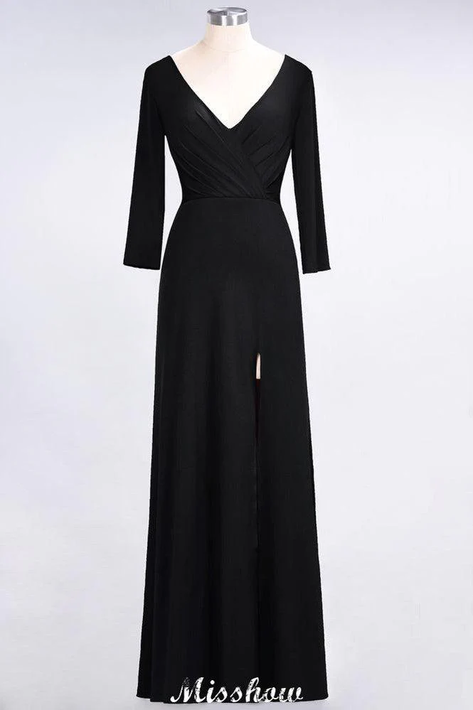 V-Neck Long-Sleeves Side-Slit Floor-Length Bridesmaid Dress with Ruffles - Image 33