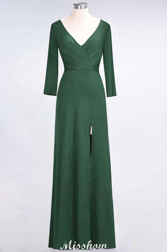 V-Neck Long-Sleeves Side-Slit Floor-Length Bridesmaid Dress with Ruffles - Image 35