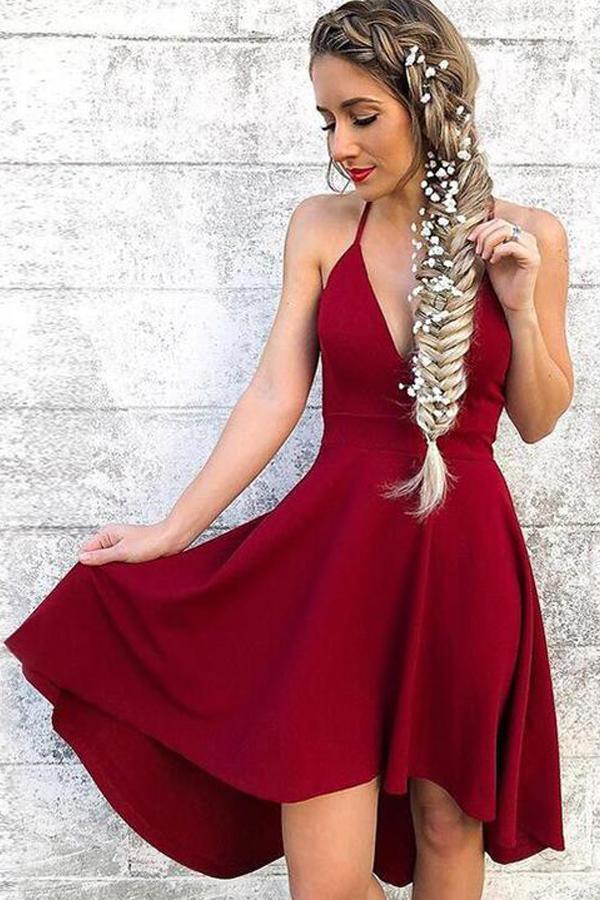 V neck Red Spaghetti Straps High-Low Short Homecoming Dresses