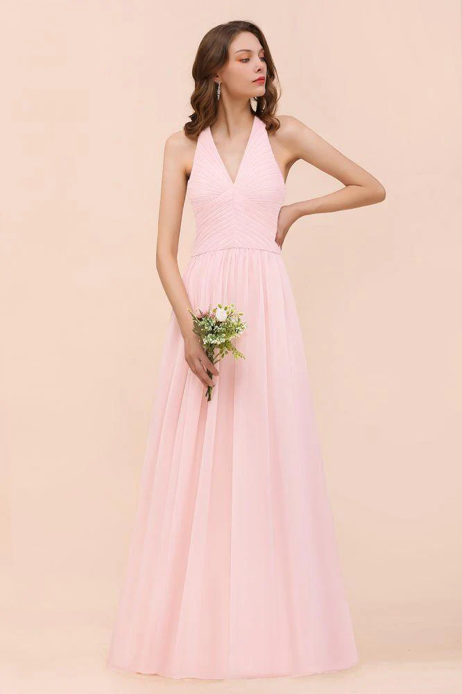 V-Neck Sleeveless Maxi Bridesmaid Dress Pink Chiffon Beach Wedding Dress - Image 5