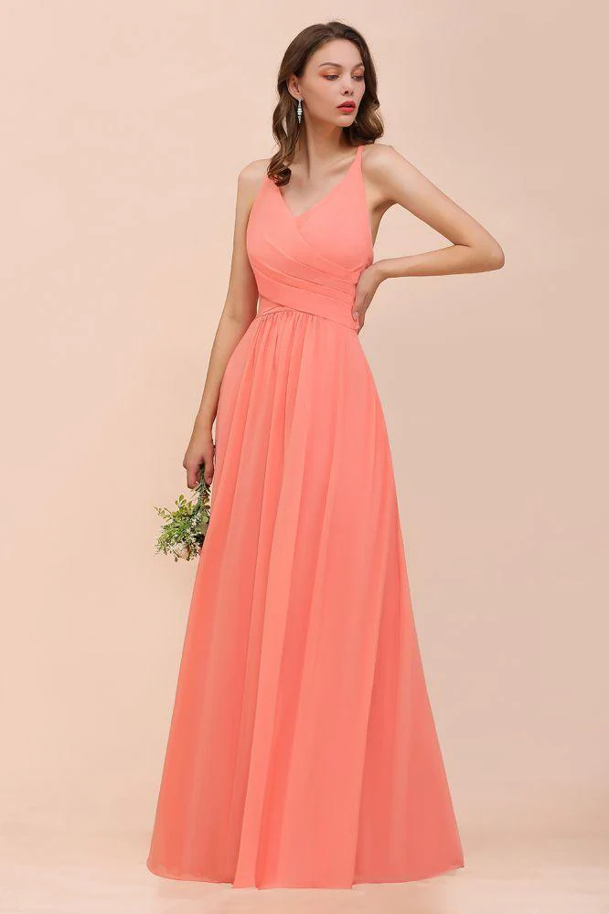 Watermelon Colorful Bridesmaid Maxi Dress Floor-Length V-Neck Maid of Honor Dress - Image 4