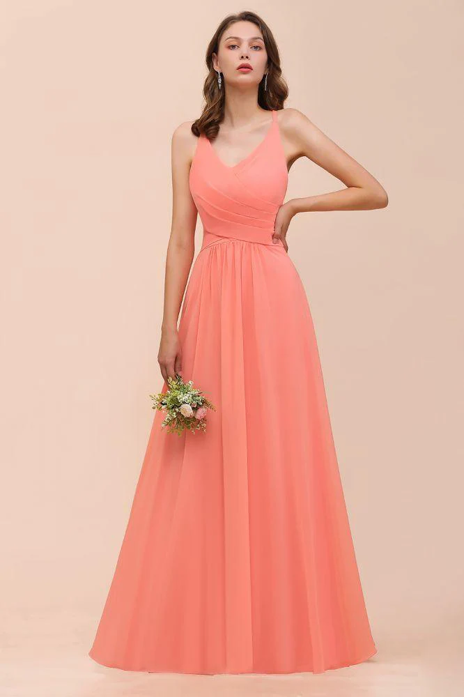Watermelon Colorful Bridesmaid Maxi Dress Floor-Length V-Neck Maid of Honor Dress - Image 5