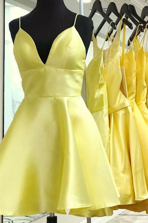 Yellow V Neck Satin Straps Homecoming Dresses Short Prom Dress - Image 7